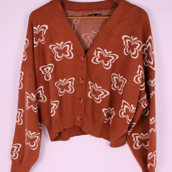 0324-Splash Butterfly Print Cardigan Sweater – Brown/White – Size L US 12 - Picture 1 of 6